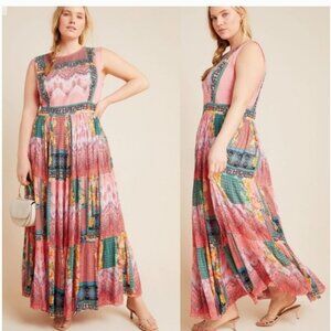 Anthropologie Bhanuni Jyoti Alessandra Maxi Dress Boho Beaded Pink White 22 W